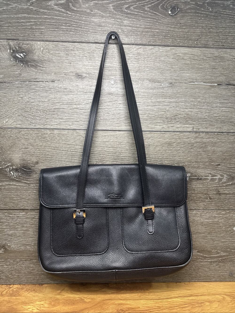 Longchamp Black Pebbled Shoulder Bag Silver Hardware Buckle Accent Magnetic